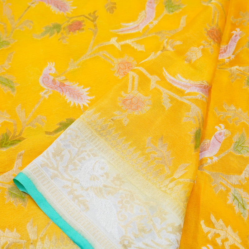 Yellow & Green Pure Georgette Handloom Banarasi Birds of Paradise Saree - Khinkhwab