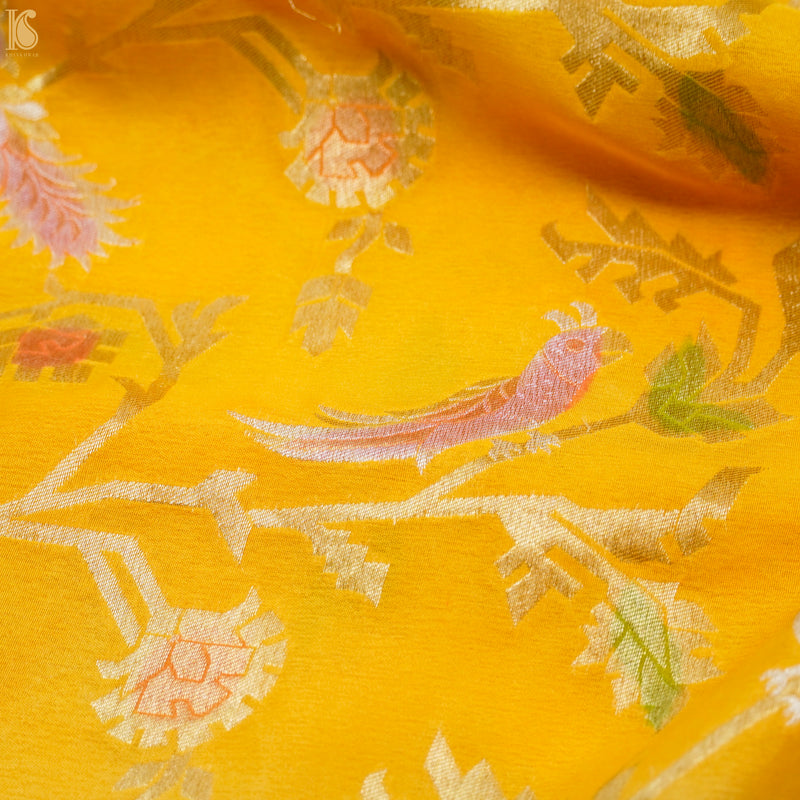 Yellow & Green Pure Georgette Handloom Banarasi Birds of Paradise Saree - Khinkhwab