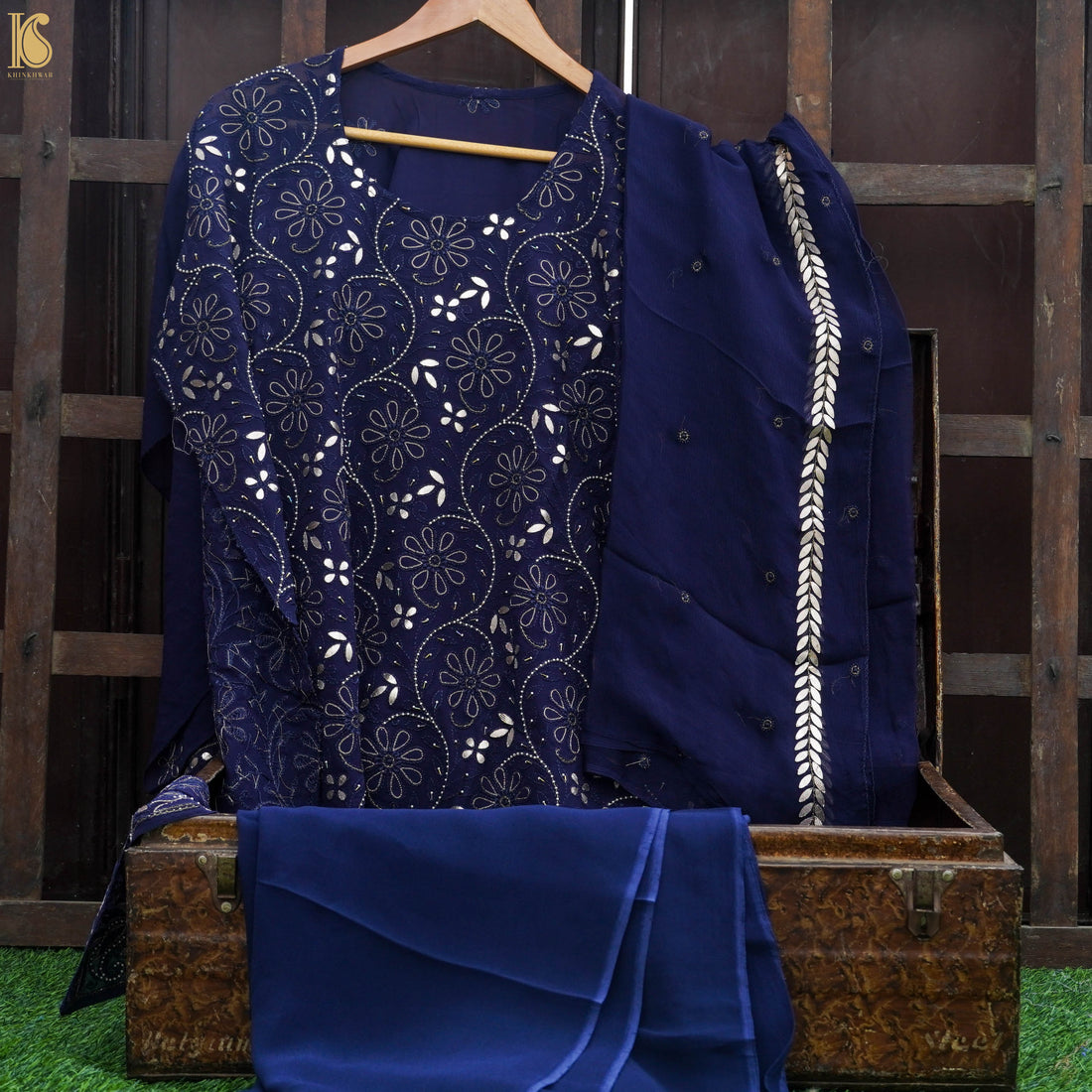 Blue Chikankari, Aari &amp; Gotta Patti Viscose Georgette Fabric Set - Khinkhwab