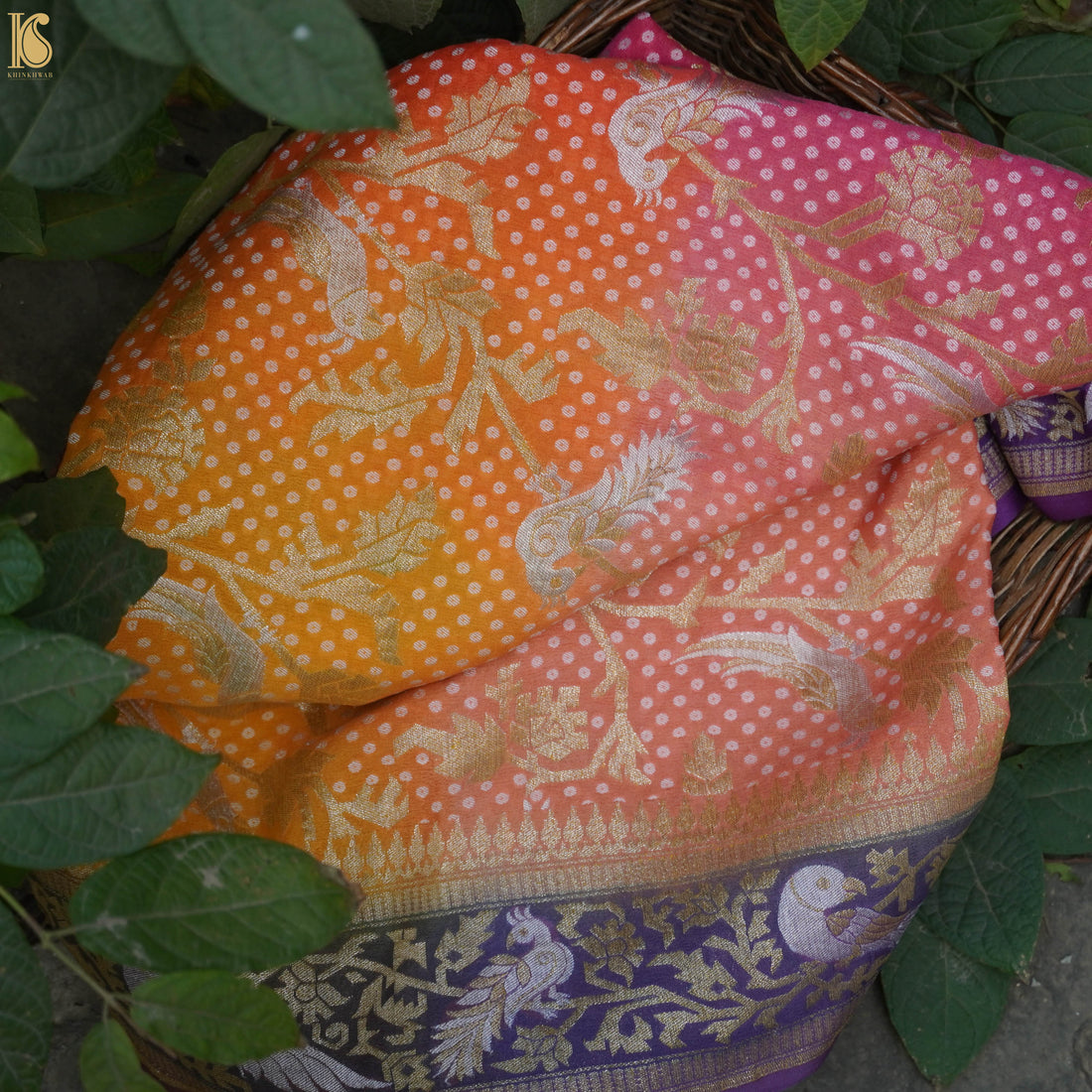 Purple, Pink & Orange Pure Georgette Shikargah Banarasi Dupatta - Khinkhwab