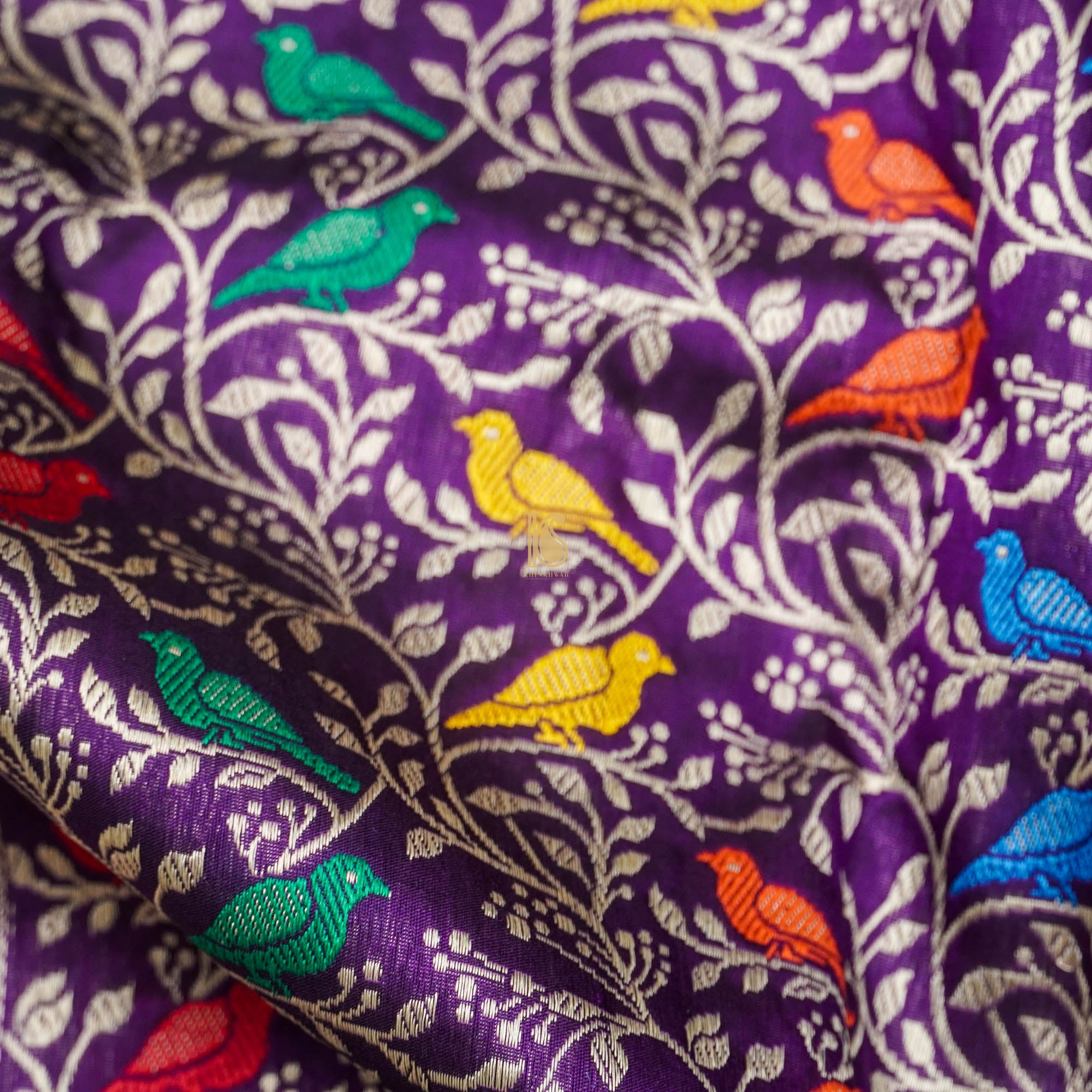 Purple Pure Katan Silk Handwoven Banarasi Jaal Bird Dupatta - Khinkhwab