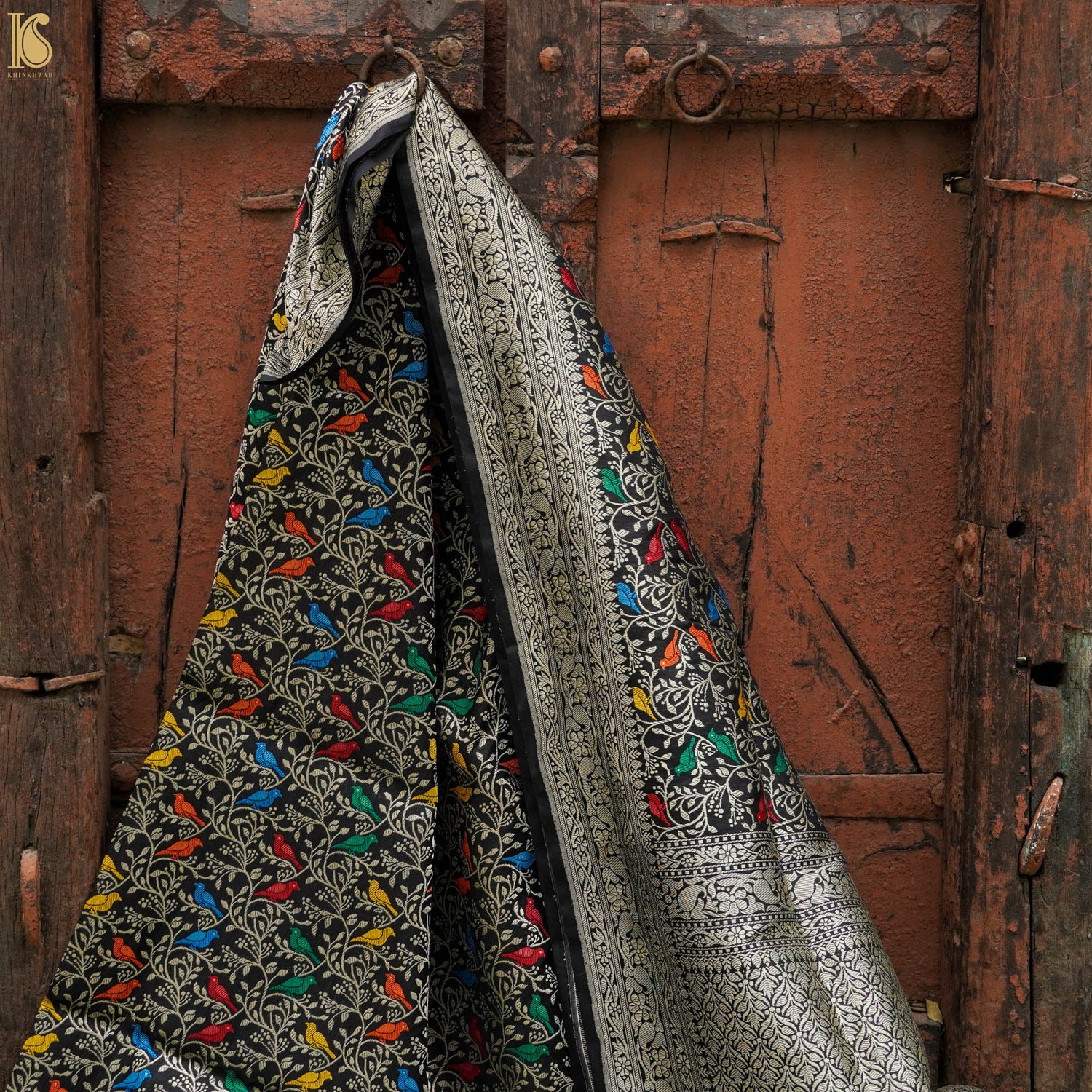 Black Pure Katan Silk Handwoven Banarasi Jaal Bird Dupatta - Khinkhwab
