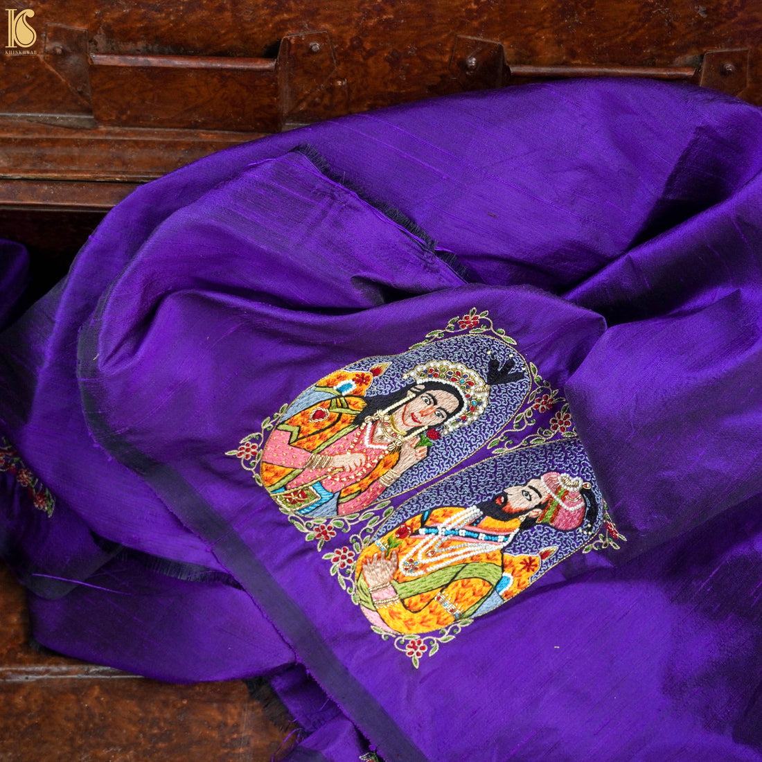 Hand Embroidered Pure Raw Silk Mughal Blouse Fabric - Khinkhwab