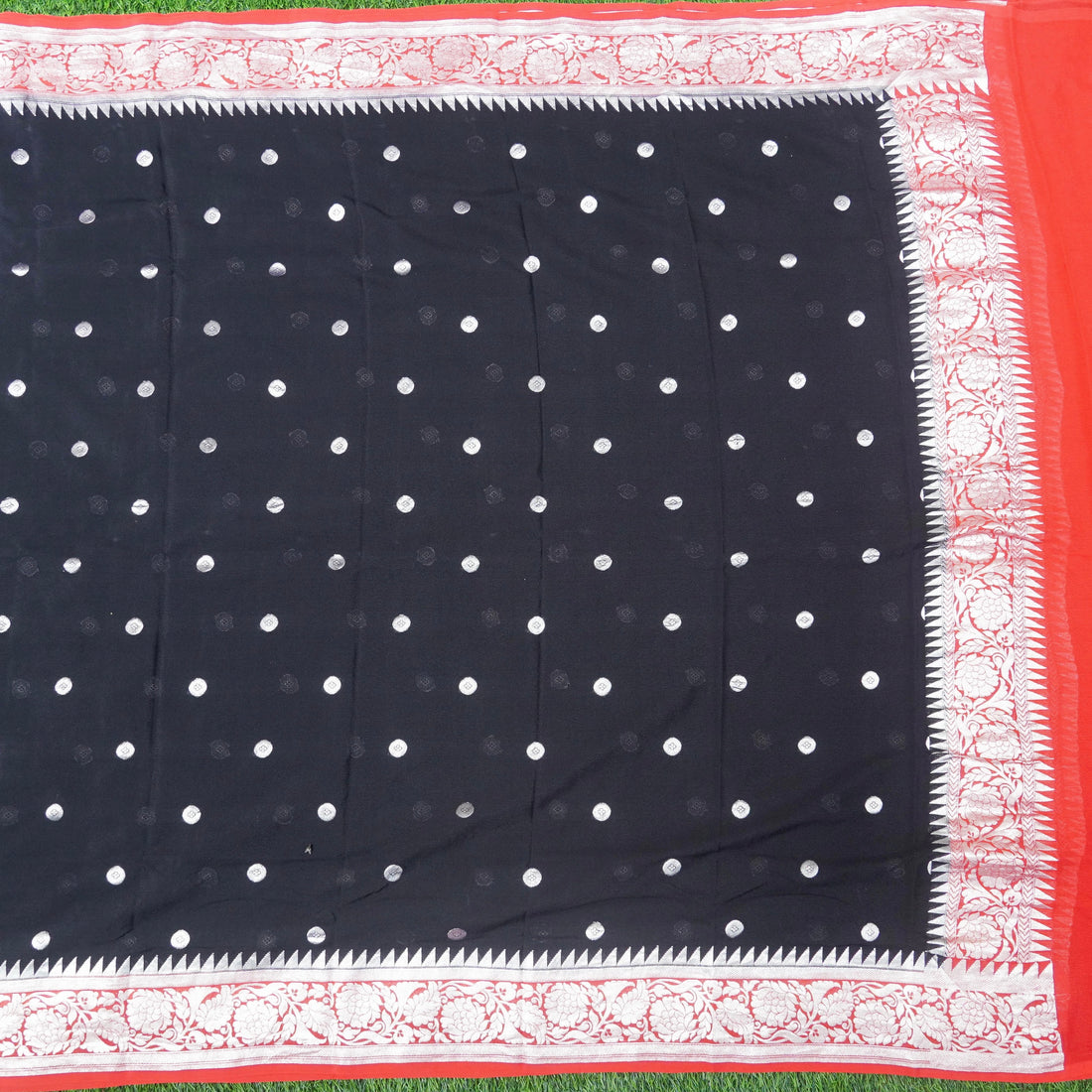 Black &amp; Red Pure Georgette Handloom Banarasi Dupatta - Khinkhwab