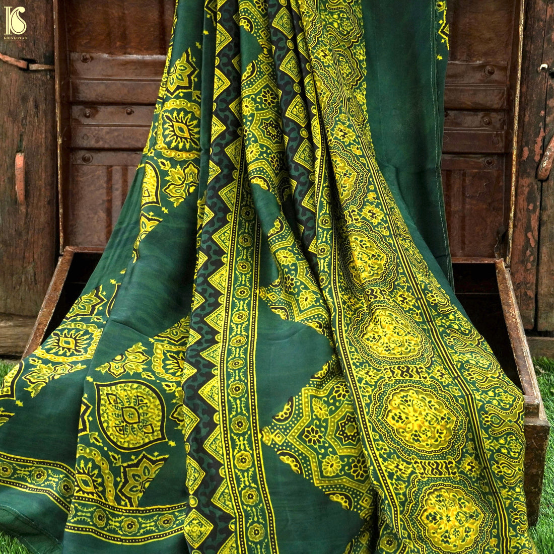 Green Hand Block Ajrakh Modal Silk Saree - Khinkhwab