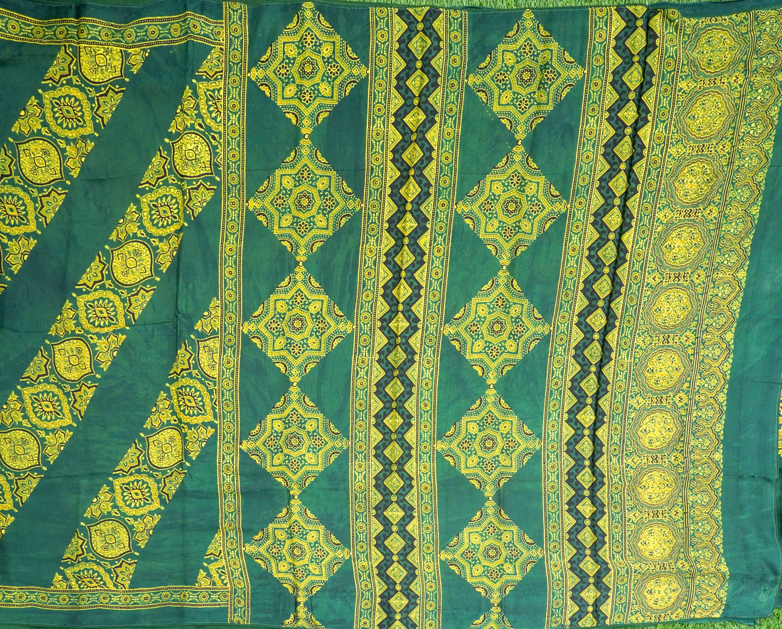 Green Hand Block Ajrakh Modal Silk Saree - Khinkhwab