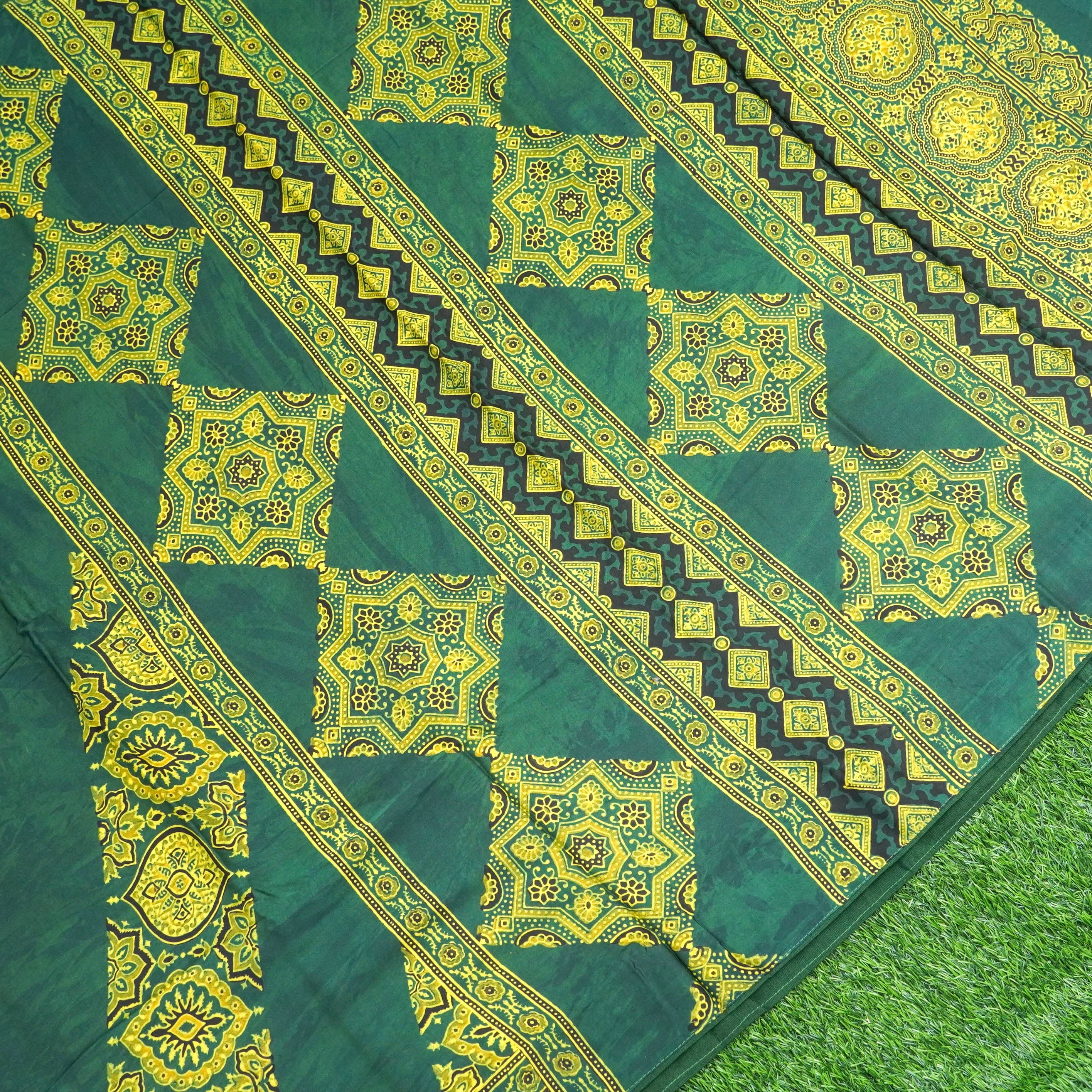 Green Hand Block Ajrakh Modal Silk Saree - Khinkhwab