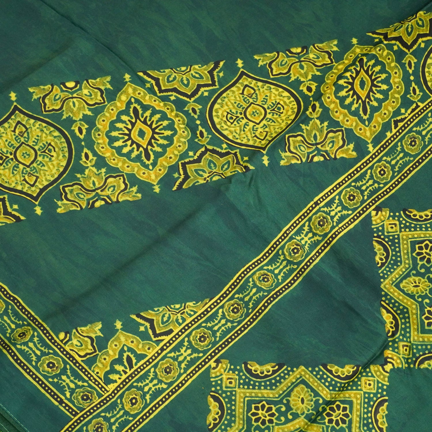 Green Hand Block Ajrakh Modal Silk Saree - Khinkhwab