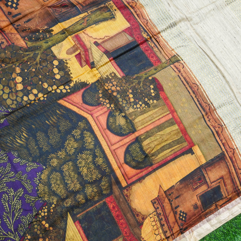 Blue Pure Moonga Tussar Silk Print Saree - Khinkhwab