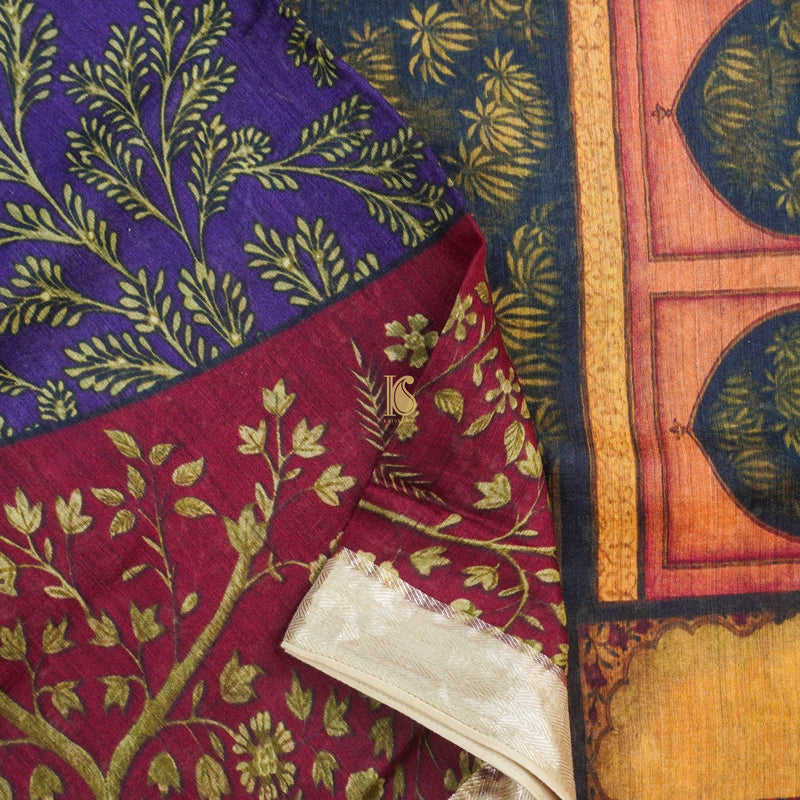 Blue Pure Moonga Tussar Silk Print Saree - Khinkhwab