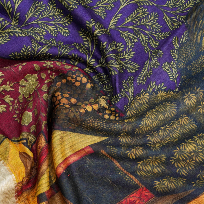 Blue Pure Moonga Tussar Silk Print Saree - Khinkhwab