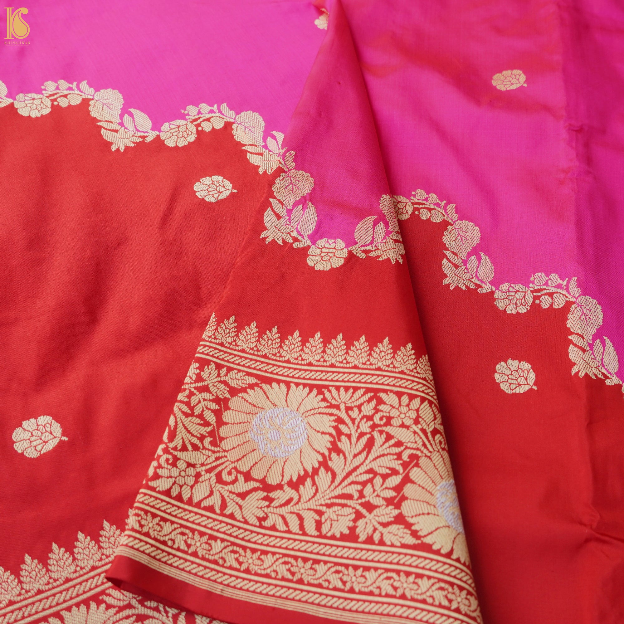 Mahogany Red &amp; Pink Handloom Banarasi Katan Silk Rangkat Saree - Khinkhwab