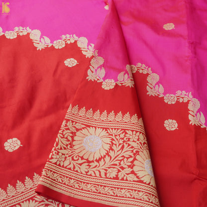 Mahogany Red &amp; Pink Handloom Banarasi Katan Silk Rangkat Saree - Khinkhwab