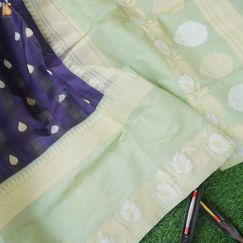 Meteorite Blue Kora Handloom Banarasi Saree with Green Katan Border - Khinkhwab