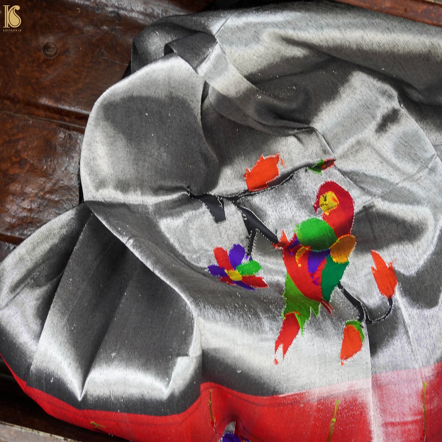 Silver Zari Pure Silk Handwoven Paithani Parrot Blouse Piece - Khinkhwab