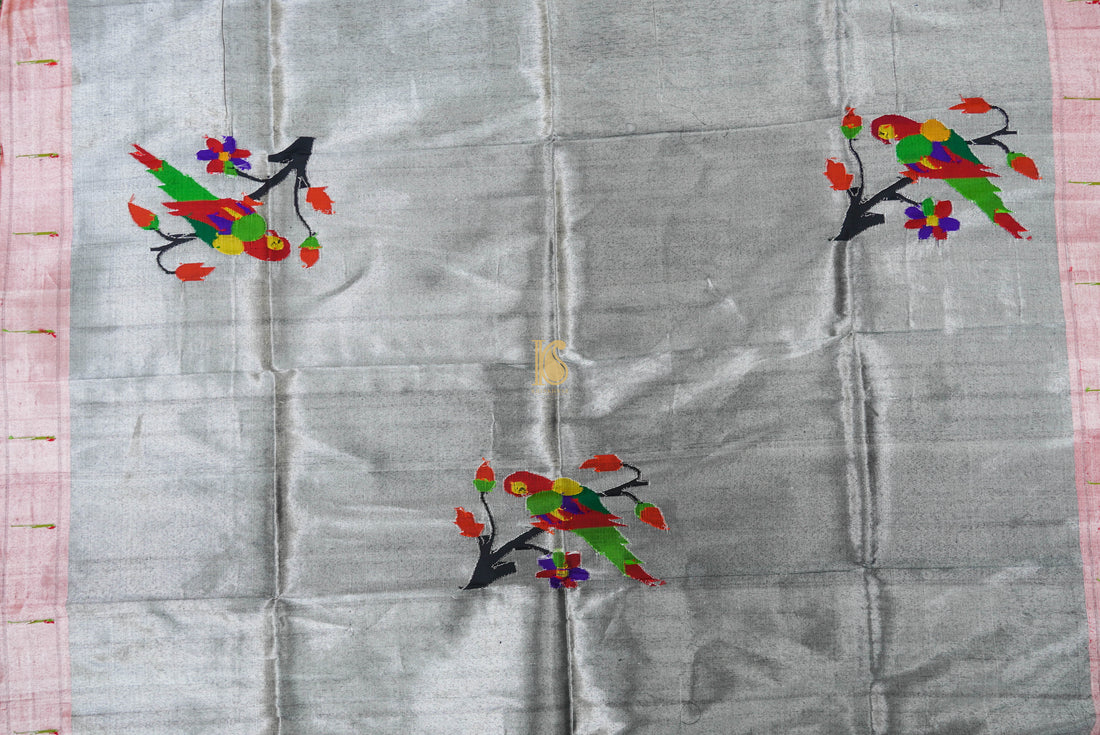 Silver Zari Pure Silk Handwoven Paithani Parrot Blouse Piece - Khinkhwab