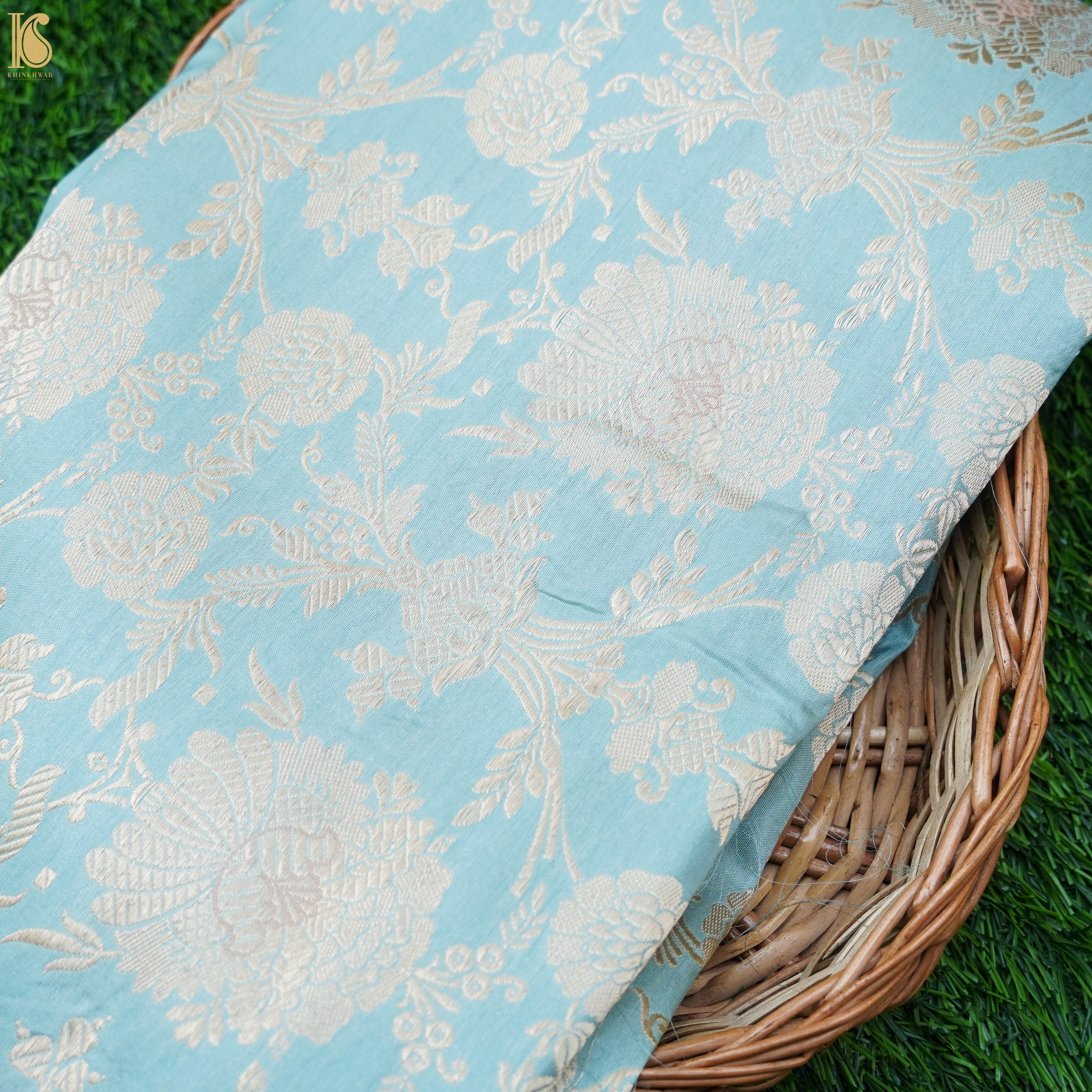 Handloom Baby Blue Pure Brocade Banarasi Fabric - Khinkhwab