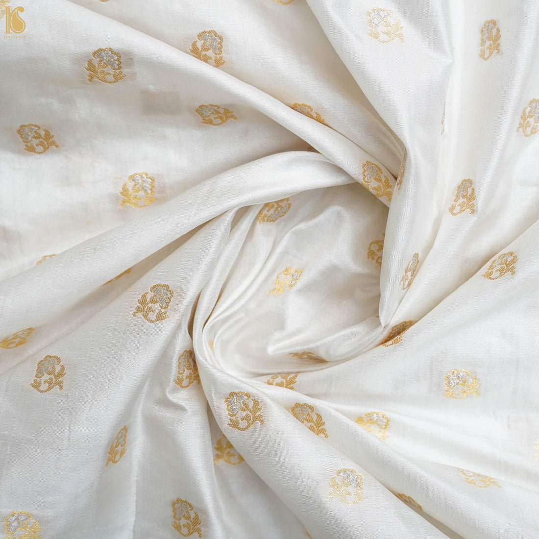 White Pure Katan Silk Handwoven Banarasi Sona Rupa Fabric - Khinkhwab