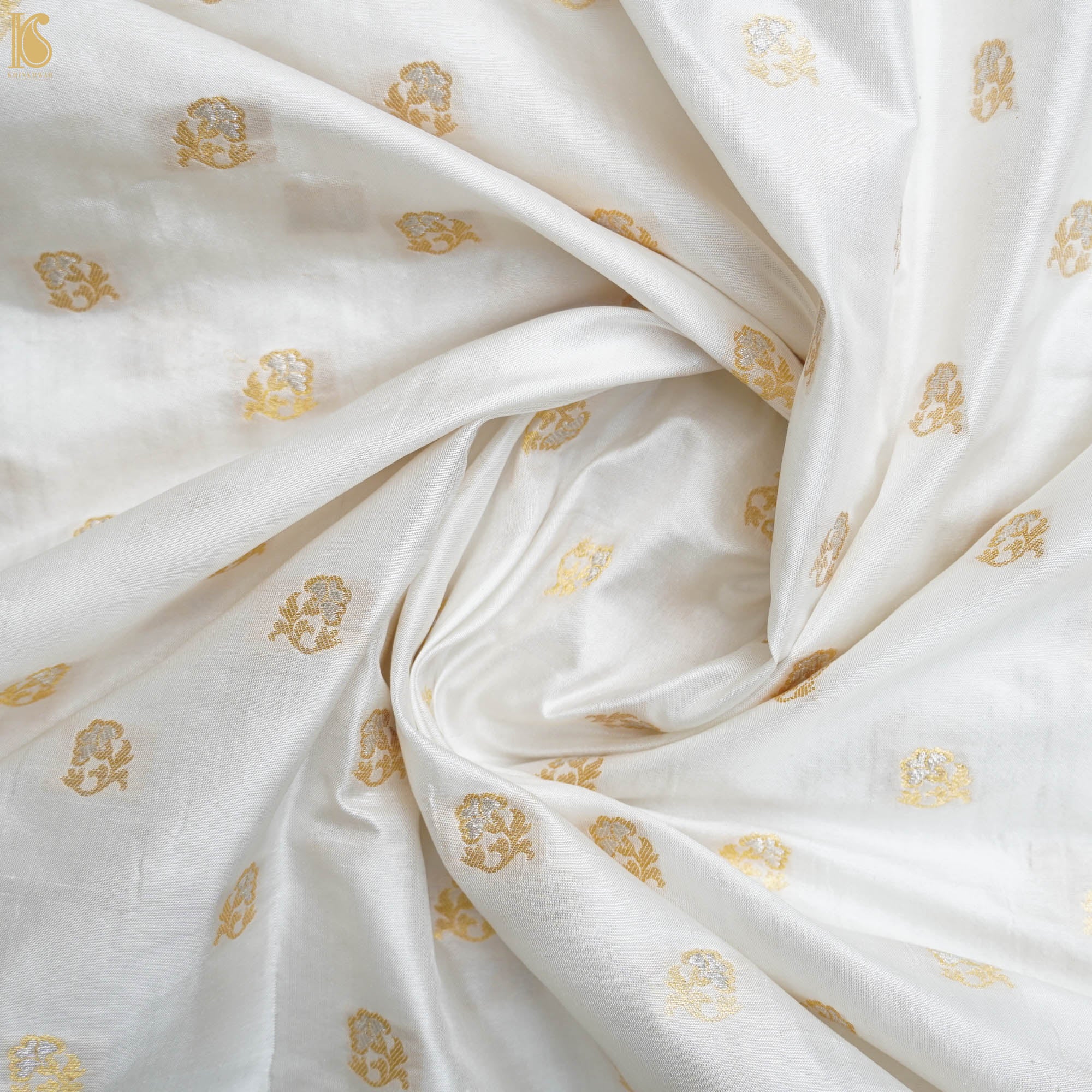 White Pure Katan Silk Handwoven Banarasi Sona Rupa Fabric - Khinkhwab