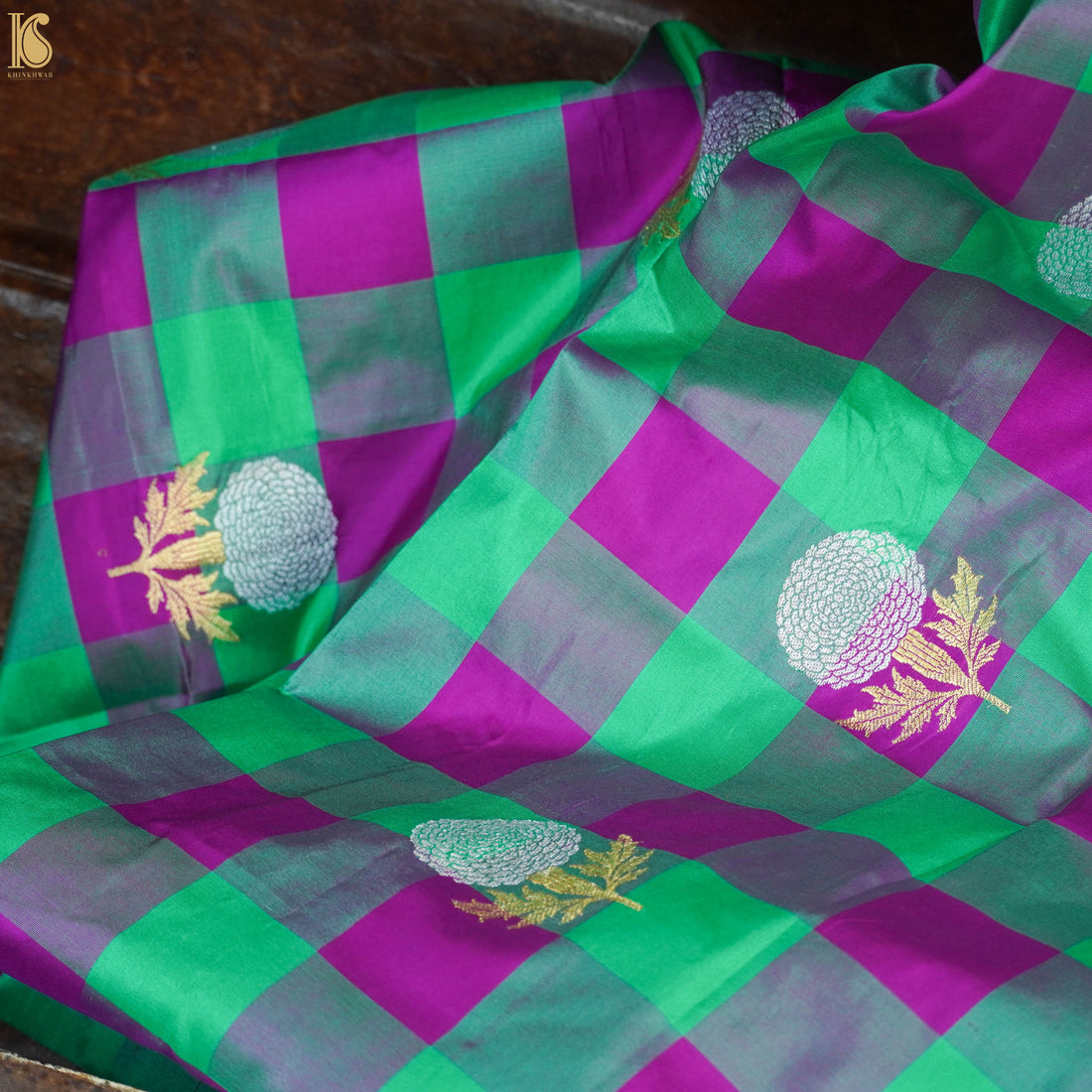 Handwoven Pure Katan Silk Banarasi Check Fabric - Khinkhwab