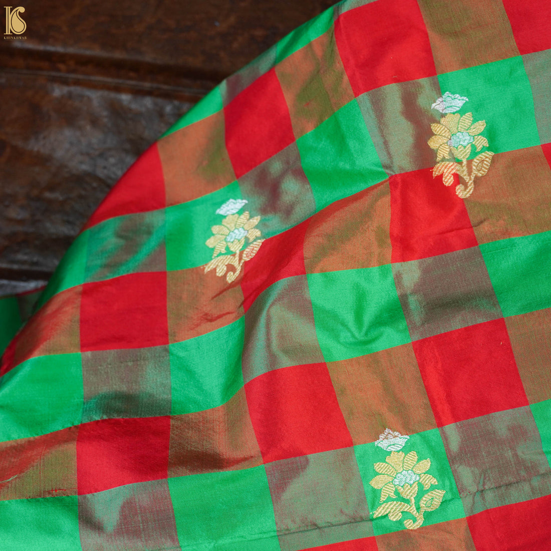 Red &amp; Green Handwoven Pure Katan Silk Banarasi Check Fabric - Khinkhwab