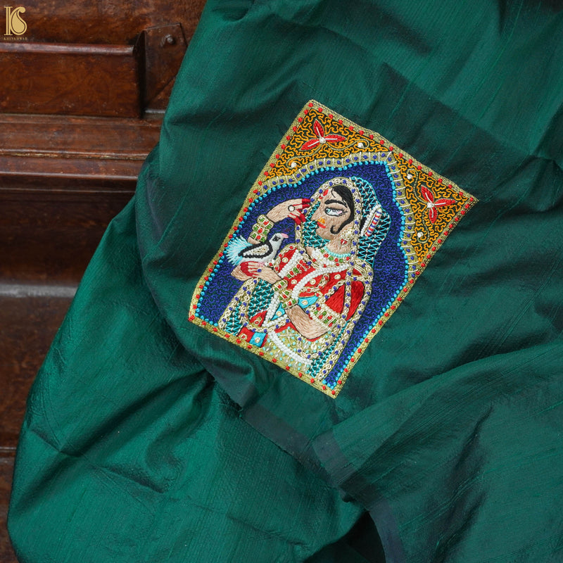 Green Hand Embroidered Pure Raw Silk Blouse Fabric - Khinkhwab