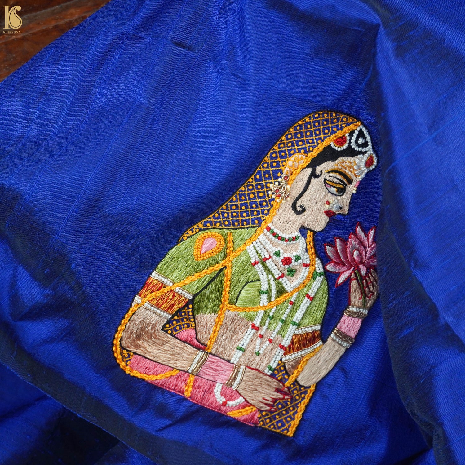 Blue Hand Embroidered Pure Raw Silk Blouse Fabric - Khinkhwab
