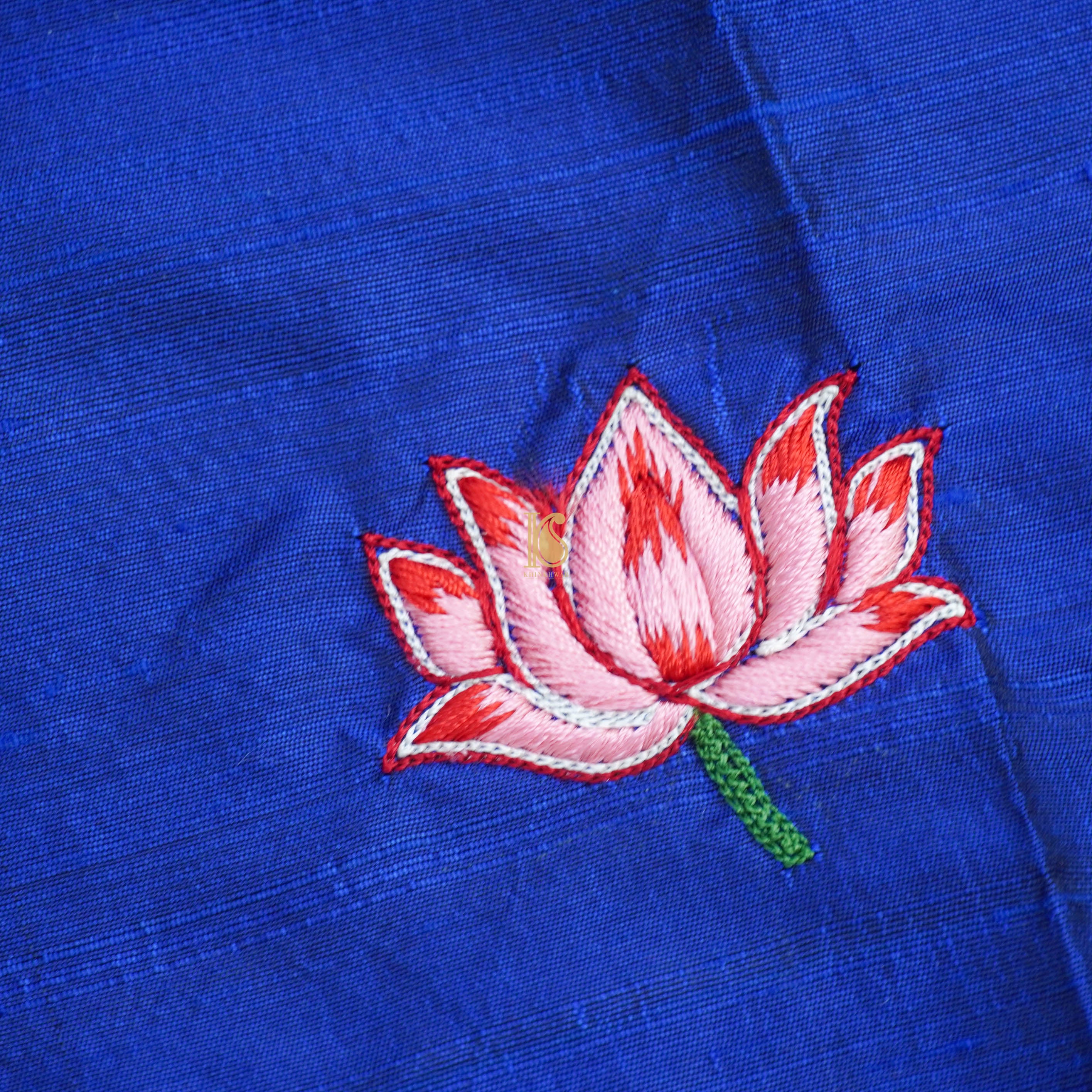 Blue Hand Embroidered Pure Raw Silk Blouse Fabric - Khinkhwab