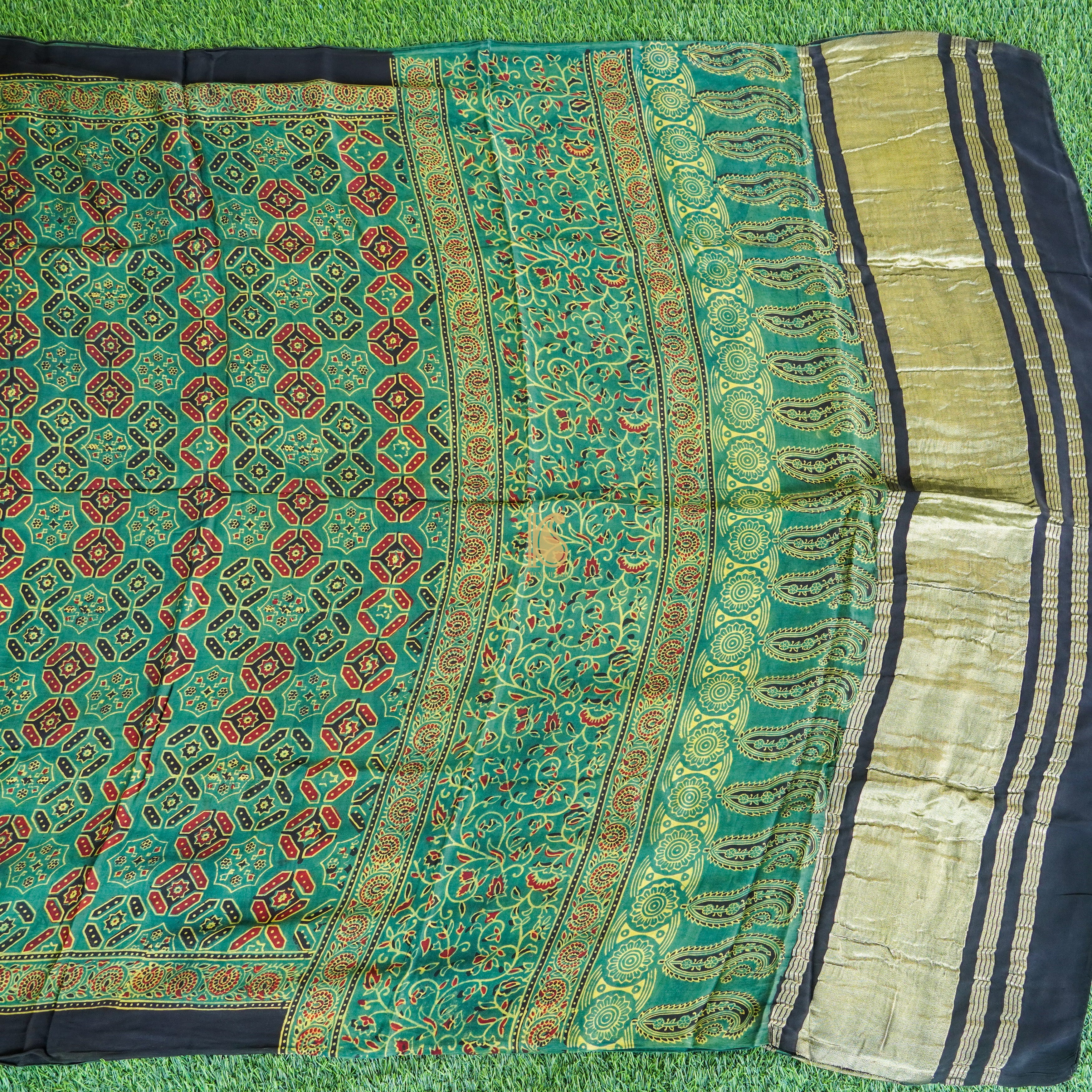 Rain Forest Green Hand Block Ajrakh Modal Silk Dupatta - Khinkhwab