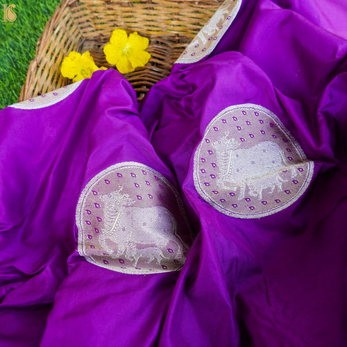 Dark Violet Pure Katan Silk Banarasi Kadwa Cow Fabric - Khinkhwab