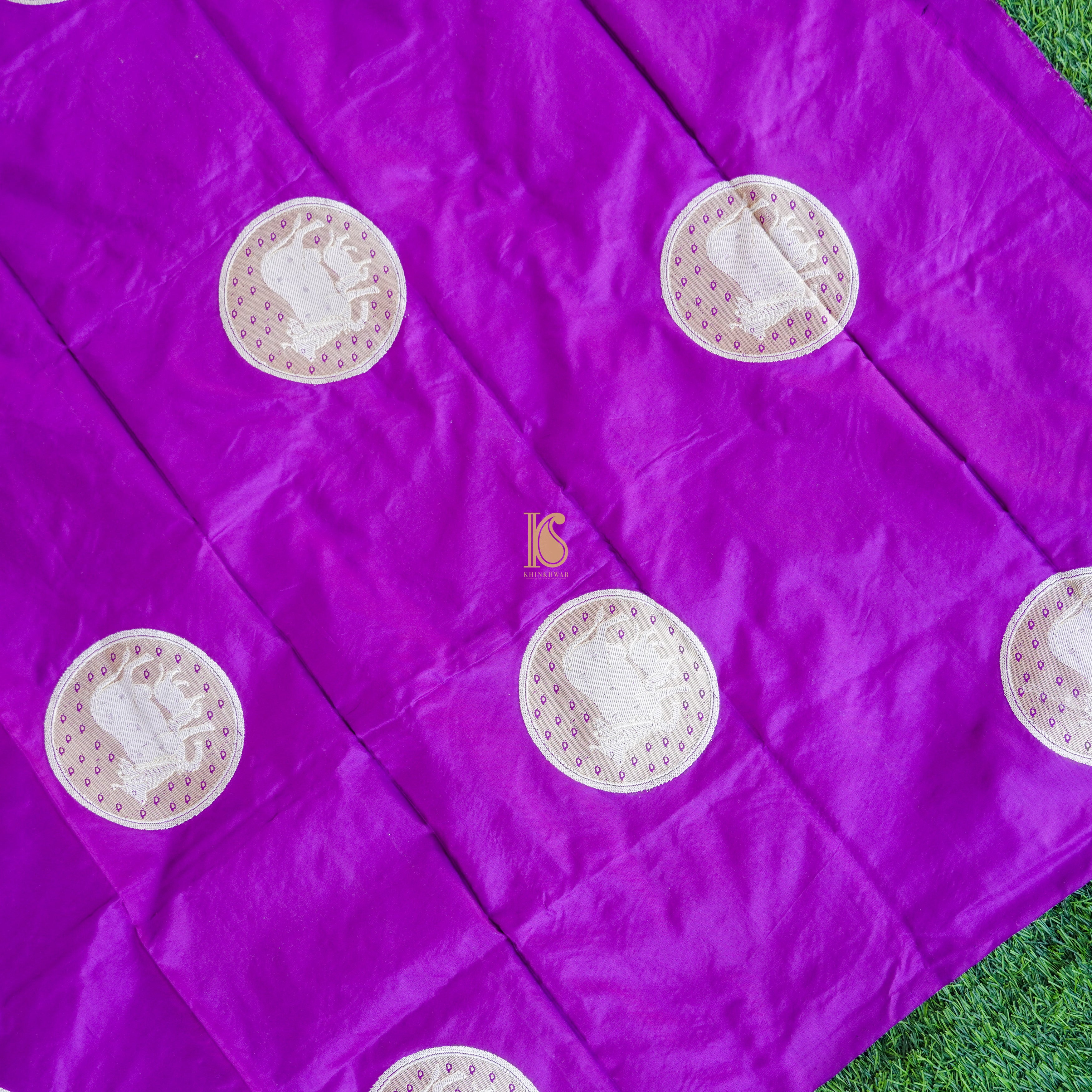 Dark Violet Pure Katan Silk Banarasi Kadwa Cow Fabric - Khinkhwab