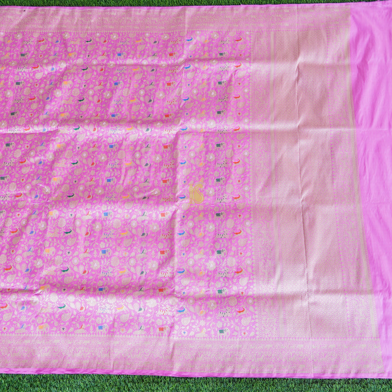Handloom Katan Silk Orchid Pink Banarasi Shikargah Saree - Khinkhwab