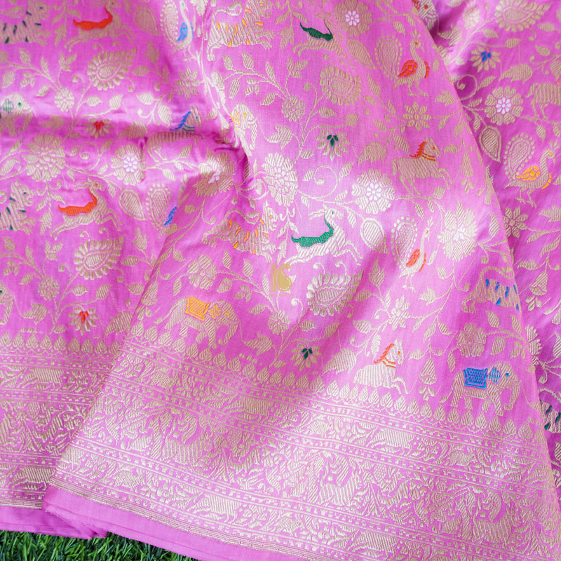 Handloom Katan Silk Orchid Pink Banarasi Shikargah Saree - Khinkhwab