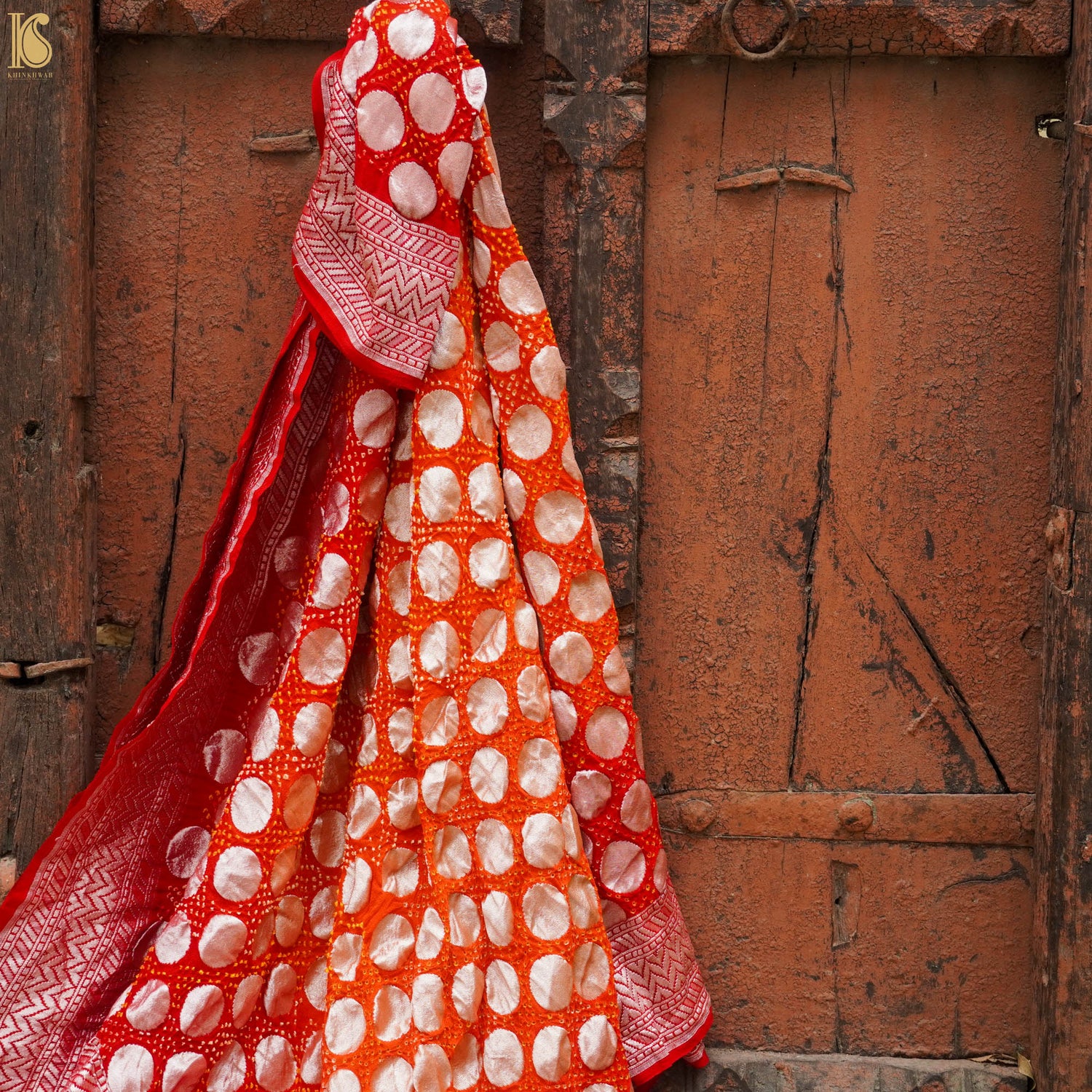 Red &amp; Orange Georgette Handloom Banarasi Bandhani Circle Dupatta - Khinkhwab