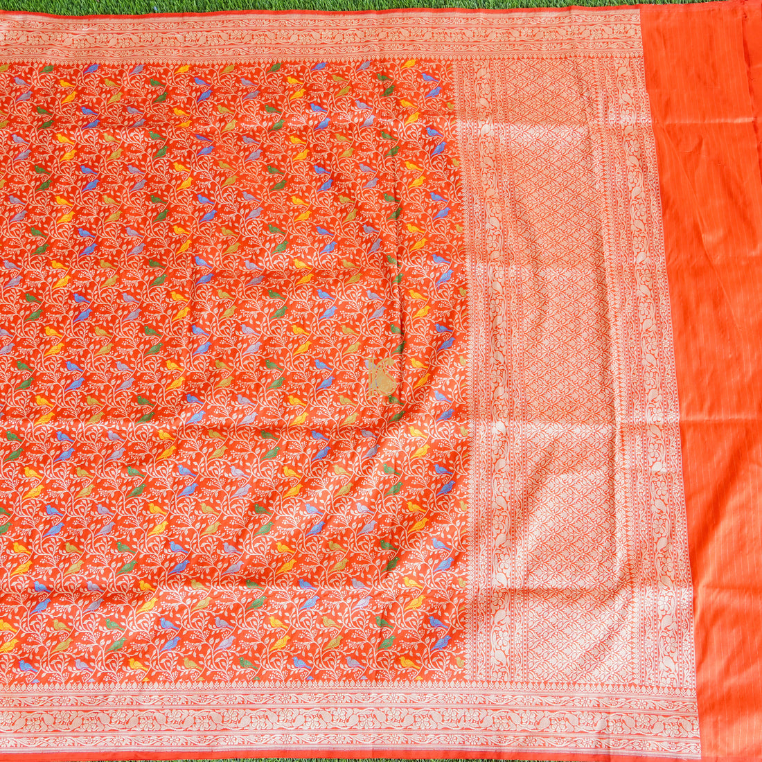 Handloom Katan Silk Cinnabar Red Banarasi Bird Saree - Preorder - Khinkhwab