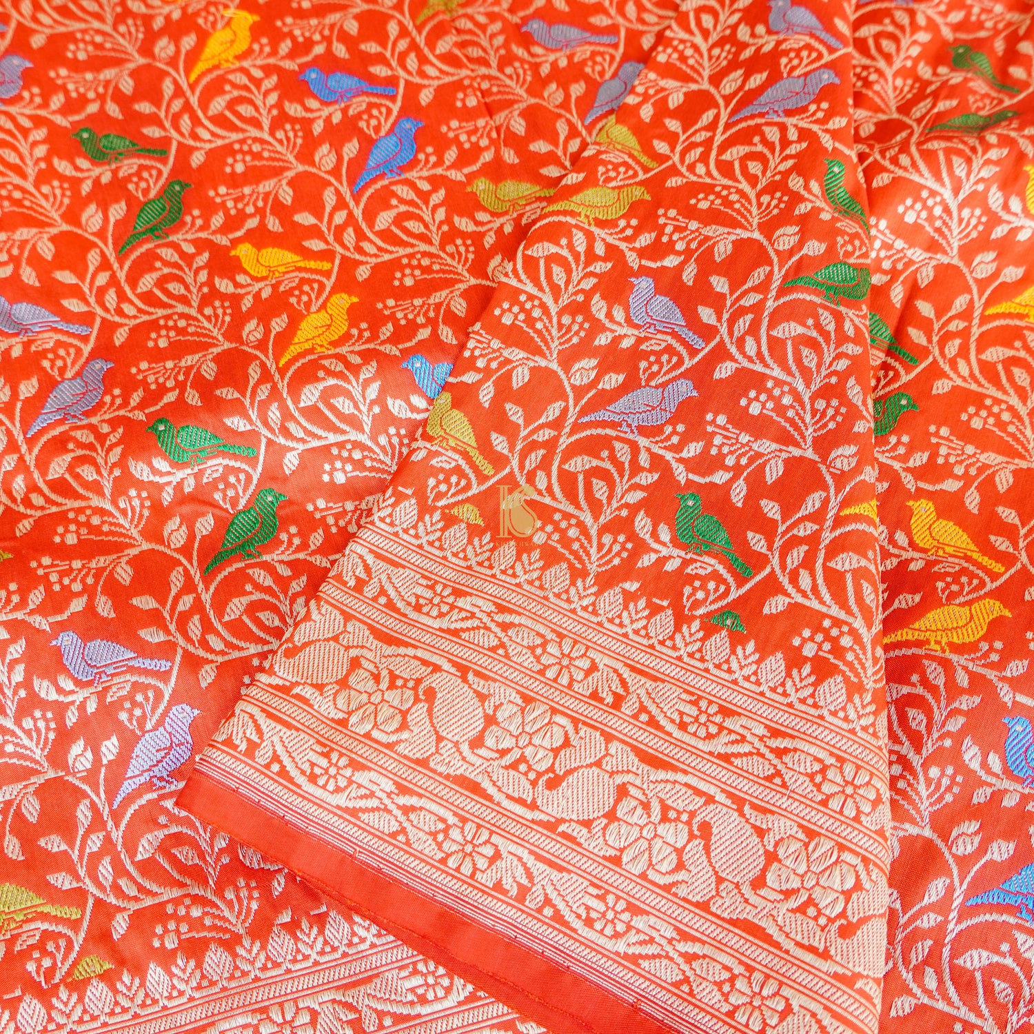 Handloom Katan Silk Cinnabar Red Banarasi Bird Saree - Preorder - Khinkhwab