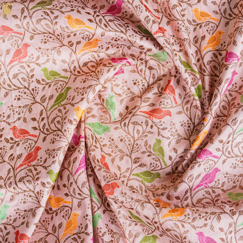 Handwoven White Pure Katan Silk Banarasi Birds Fabric - Preorder - Khinkhwab