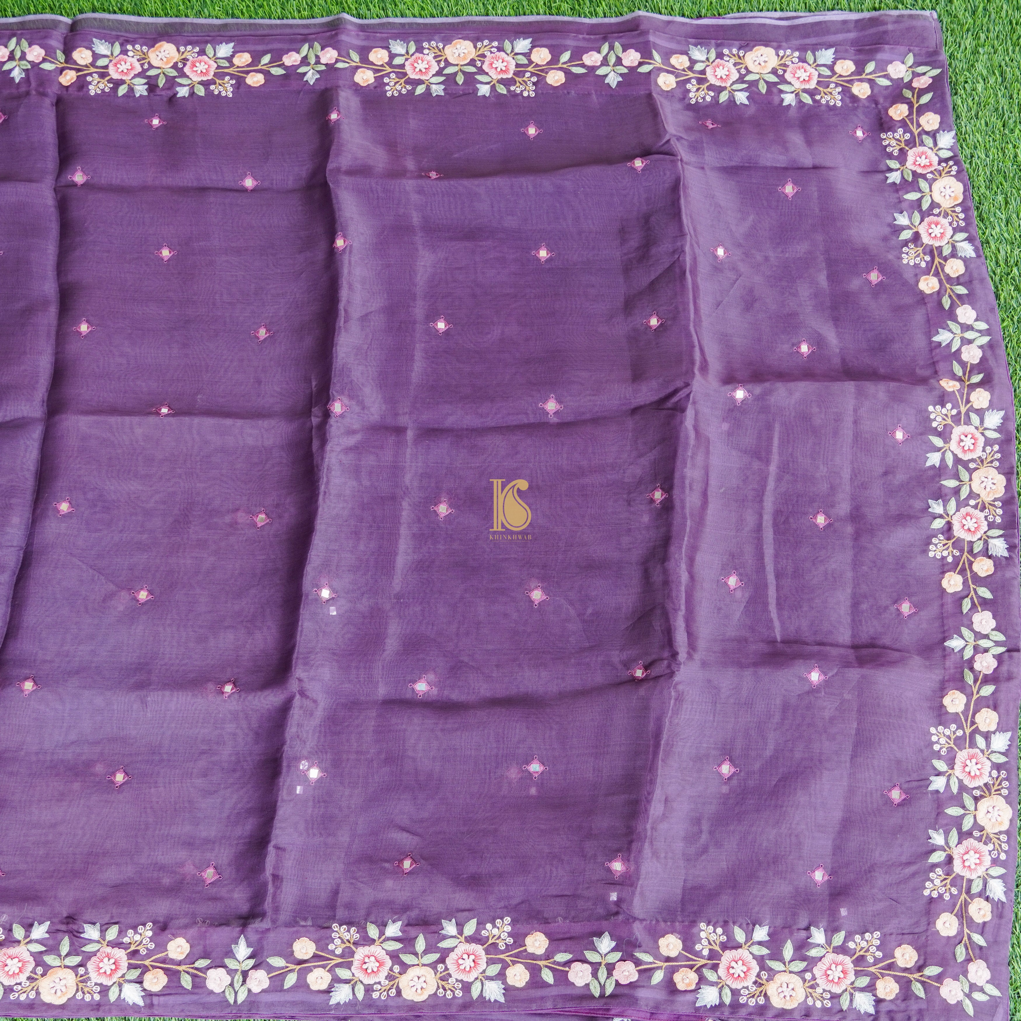 Handwoven Purple Pure Organza Resham Embroidery Saree - Khinkhwab