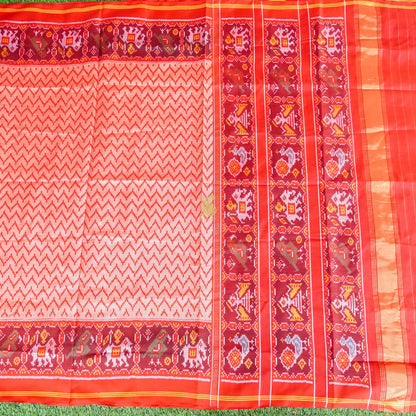 Salmon Pink Pure Silk Handloom Single Ikkat Semi Patan Patola Saree - Khinkhwab