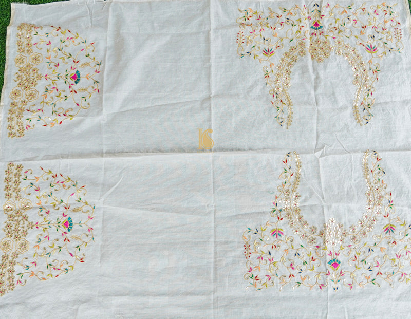 Off White Pure Chanderi Embroidery Blouse Fabric - Khinkhwab