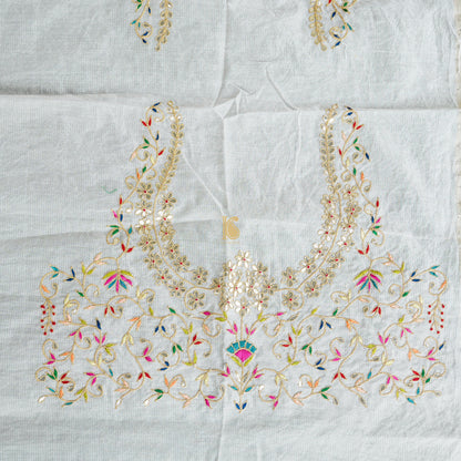 Off White Pure Chanderi Embroidery Blouse Fabric - Khinkhwab