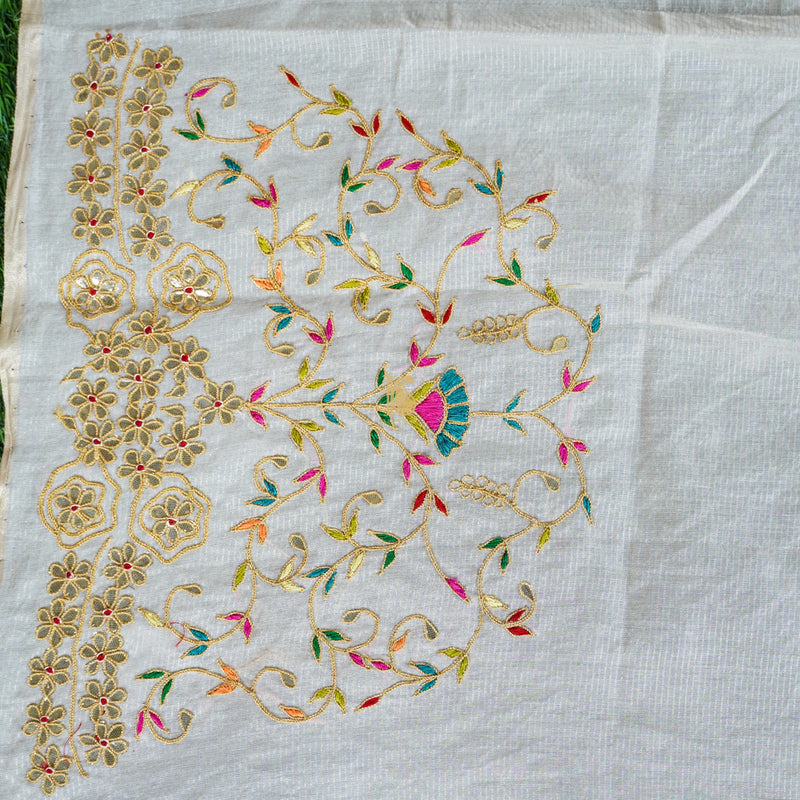 Off White Pure Chanderi Embroidery Blouse Fabric - Khinkhwab