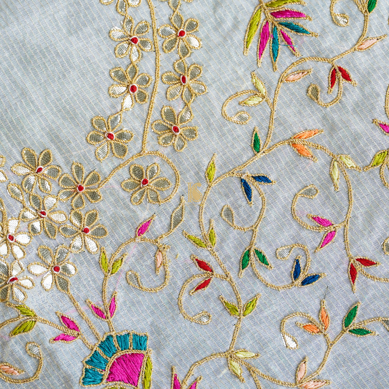 Off White Pure Chanderi Embroidery Blouse Fabric - Khinkhwab