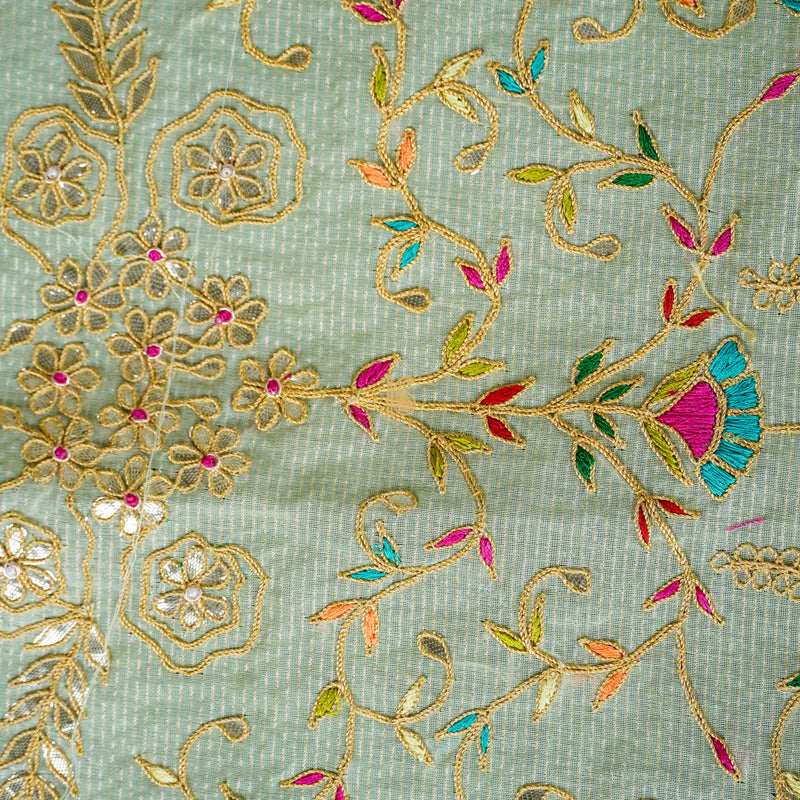 Pastel Green Pure Chanderi Embroidery Blouse Fabric - Khinkhwab