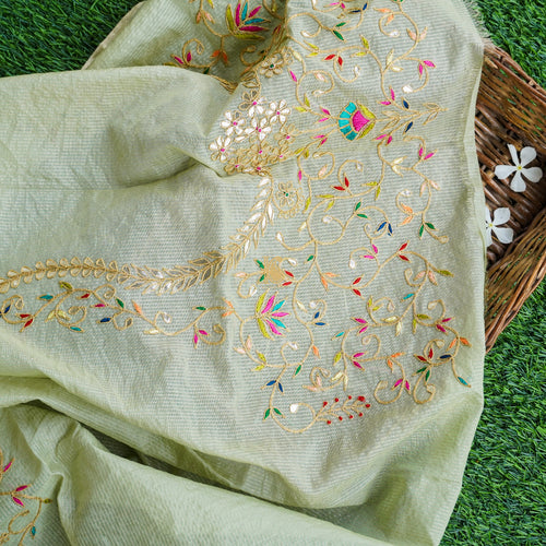 Pastel Green Pure Chanderi Embroidery Blouse Fabric - Khinkhwab