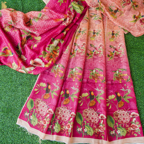 Cerise Pink Pure Tussar Silk Print Kalidar Lehenga Set - Khinkhwab