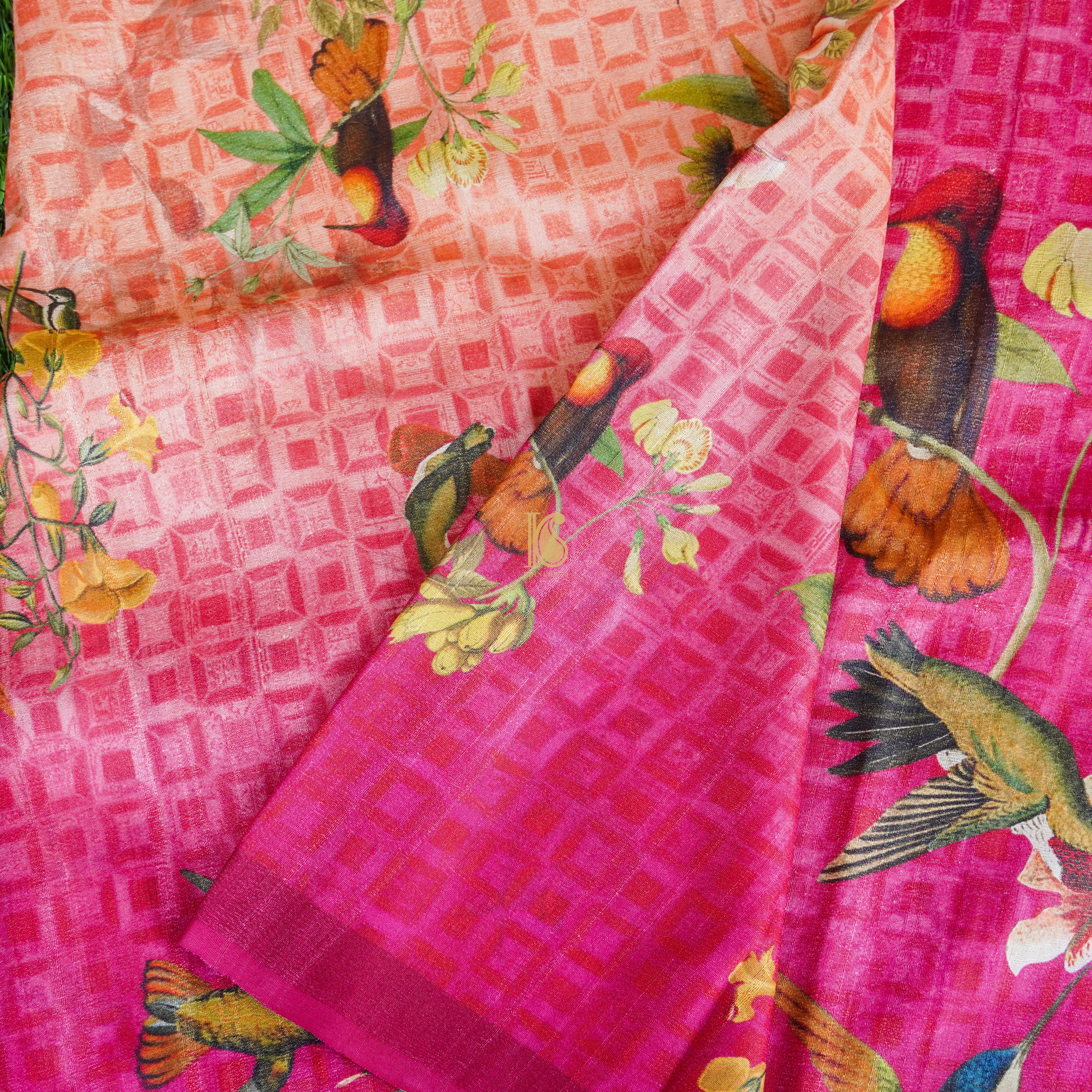 Cerise Pink Pure Tussar Silk Print Kalidar Lehenga Set - Khinkhwab