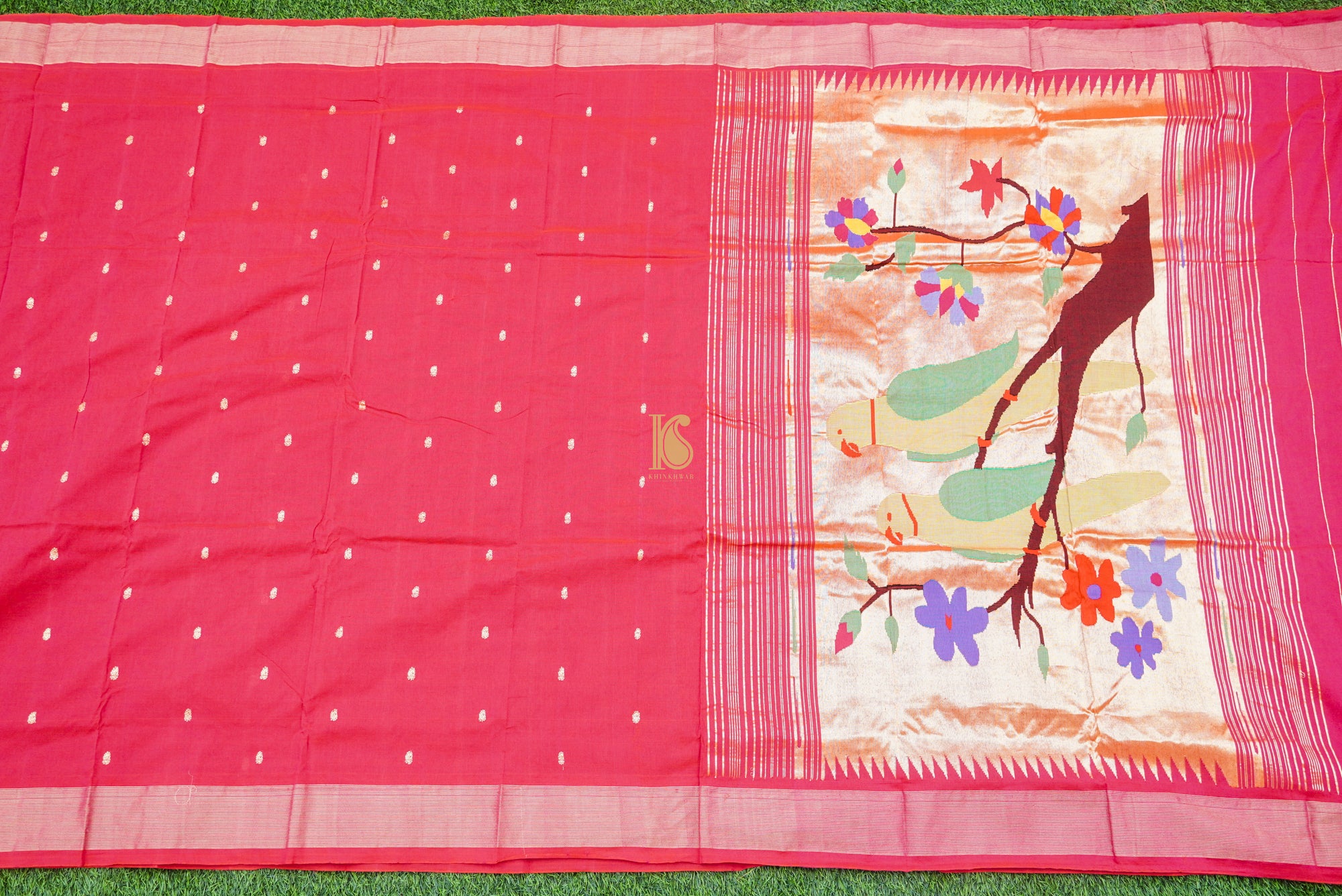 Cerise Pure Cotton Handwoven Paithani Parrot Saree - Khinkhwab