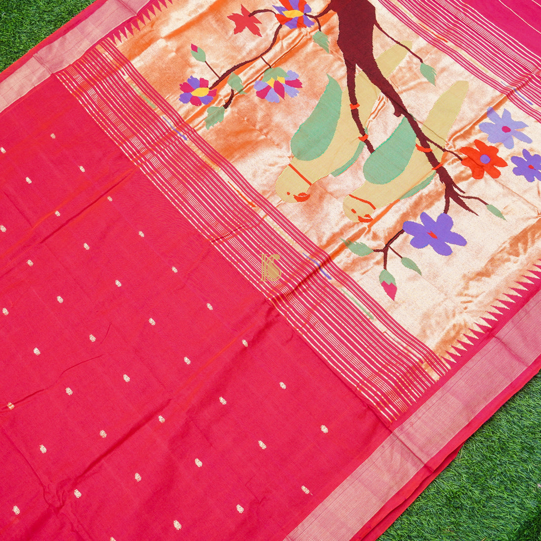 Cerise Pure Cotton Handwoven Paithani Parrot Saree - Khinkhwab