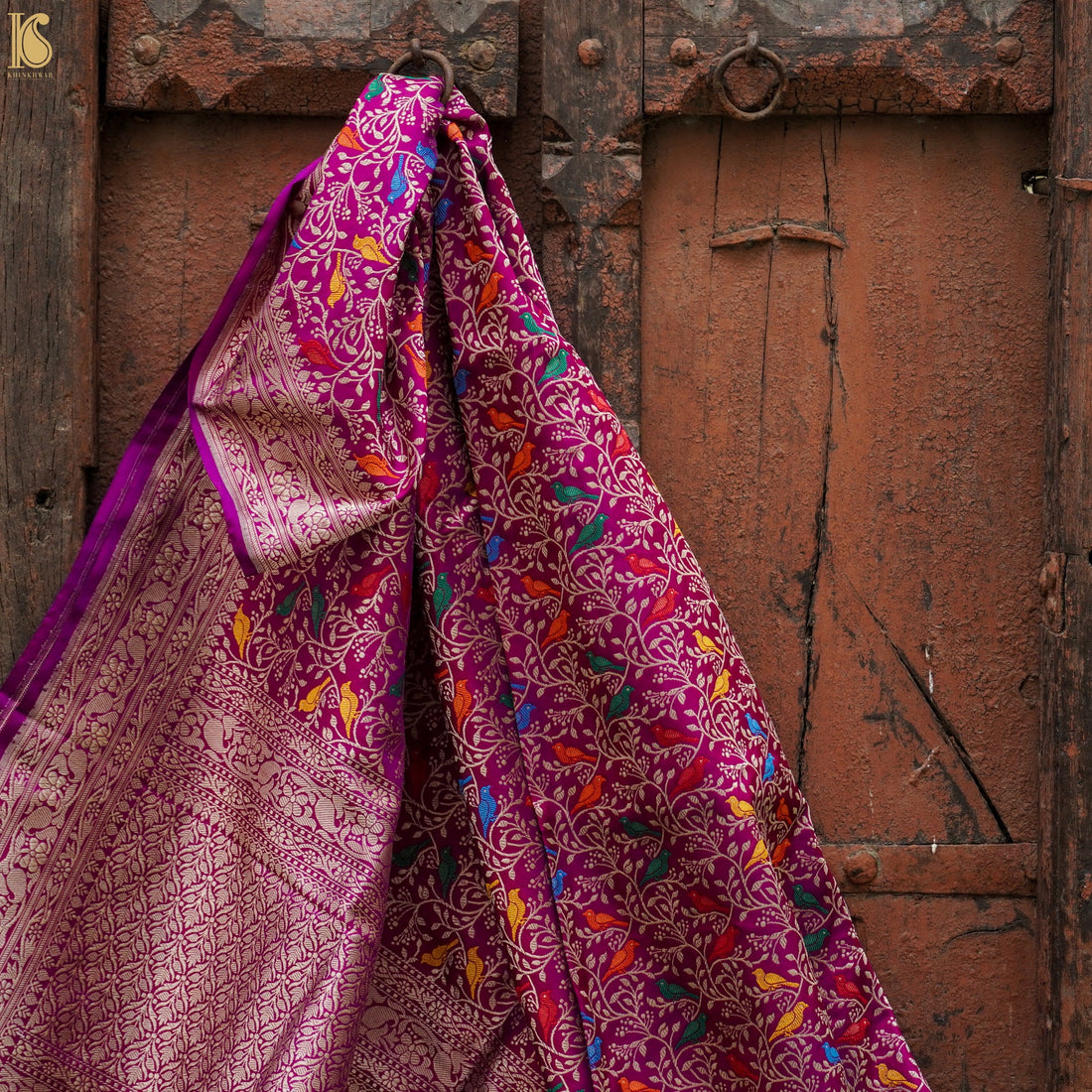Violet Red Pure Katan Silk Handwoven Banarasi Jaal Bird Dupatta - Khinkhwab